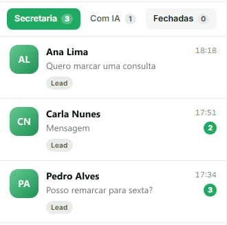 Caixa de entrada de WhatsApp do Hiraki, com as abas Secretária, Com IA e Fechadas e três conversas fictícias com a etiqueta Lead.