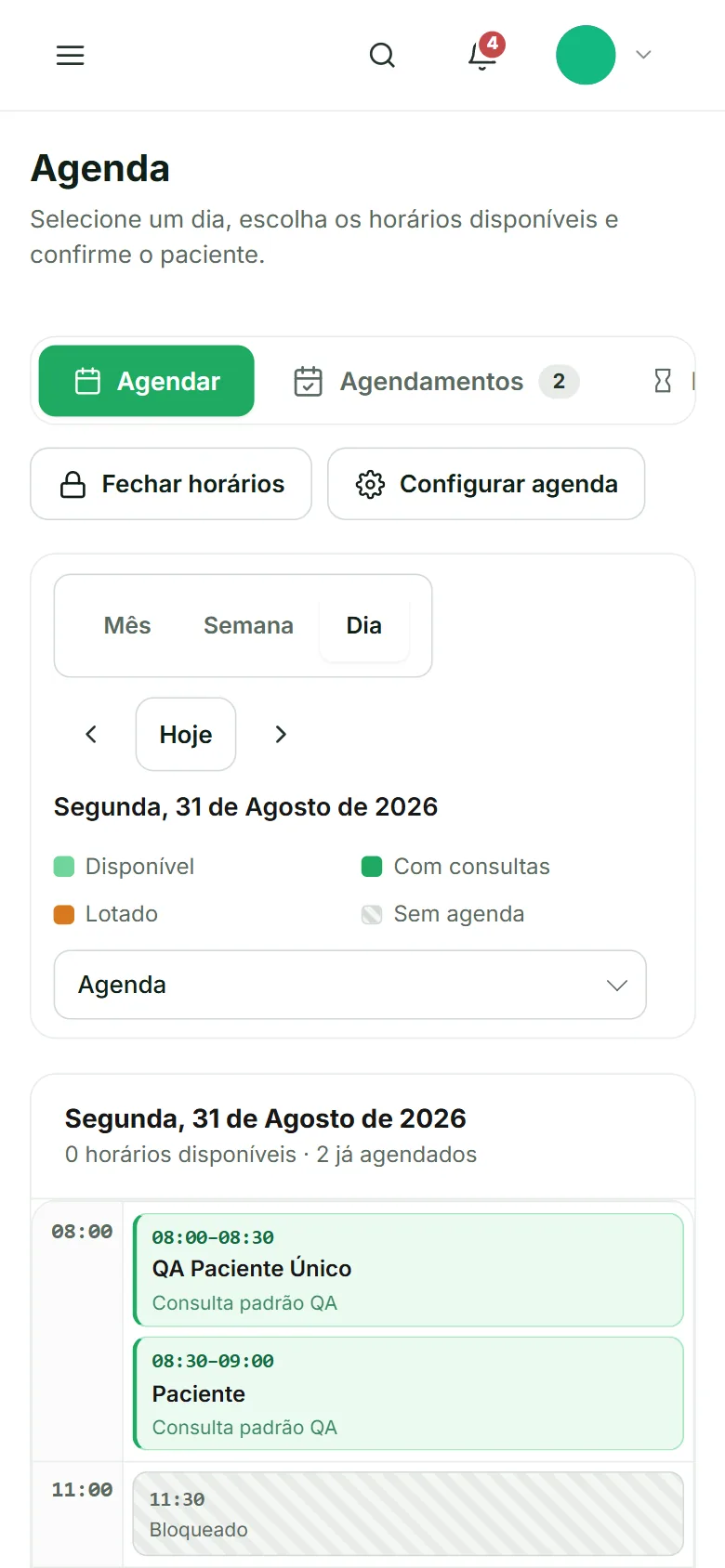 Agenda do Hiraki no celular: dia com consultas em dois endereços e horários livres.