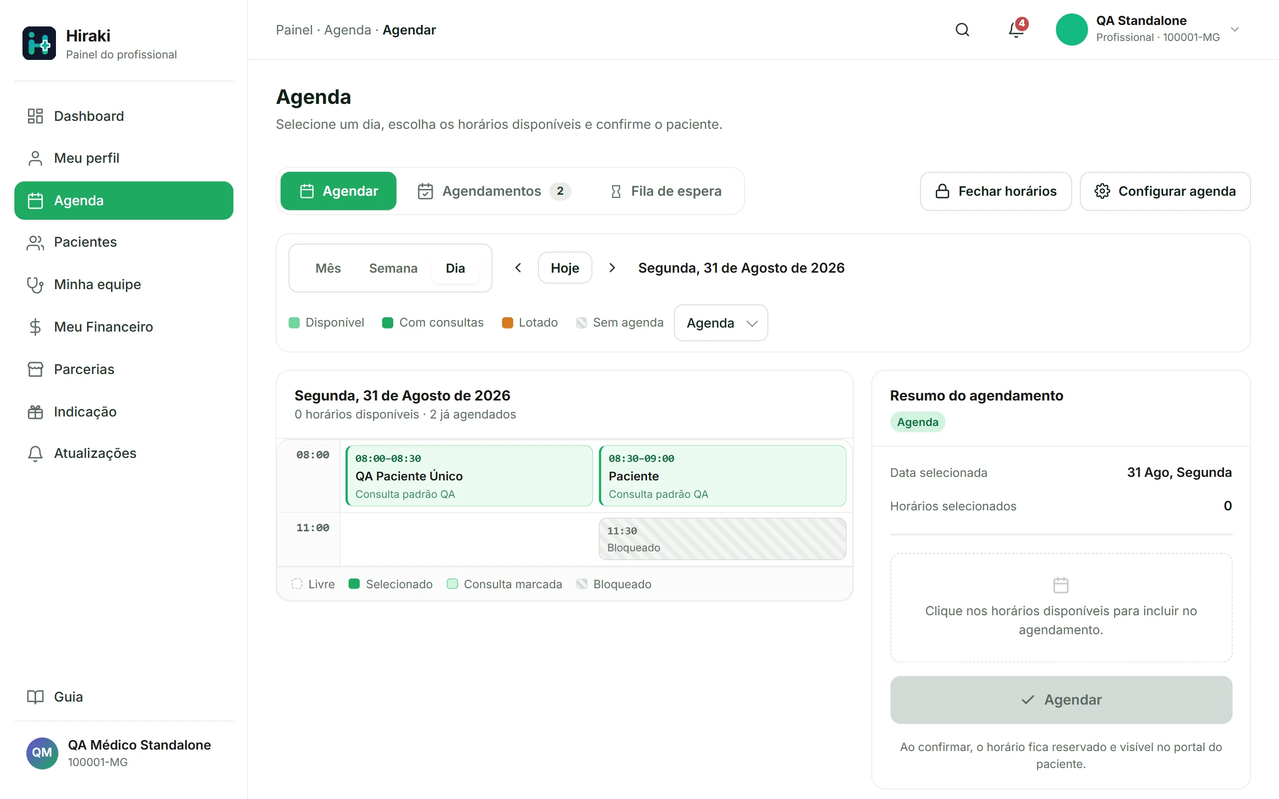 Agenda semanal do Hiraki no computador, com blocos de atendimento por endereço.