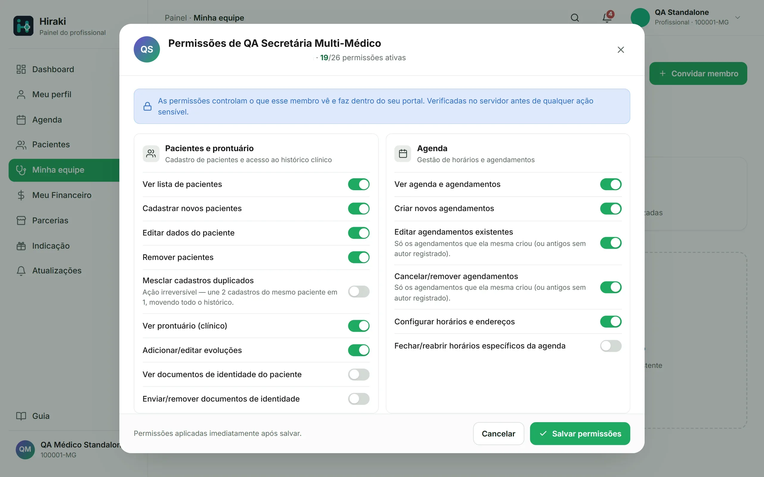 Tela de equipe do Hiraki com permissões por área para secretária.