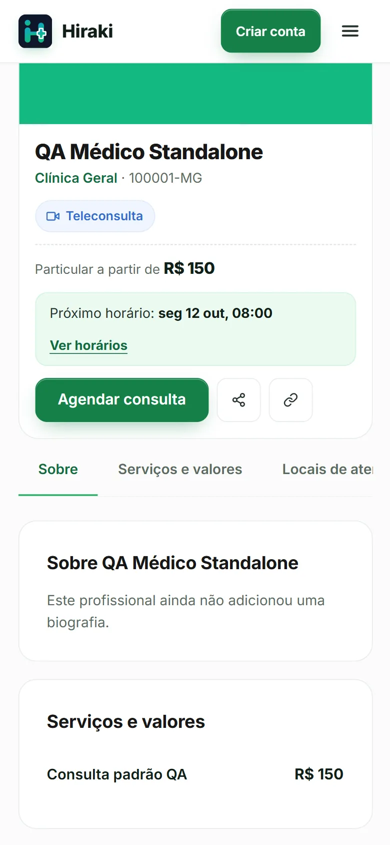 Perfil público de um profissional no marketplace do Hiraki, no celular, com botão de agendar.